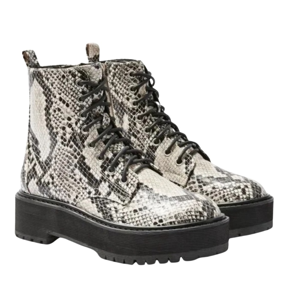 TOPSHOP Olso Snake Print Leather Lace Up Chunky Platform Ankle Boots Sz 39